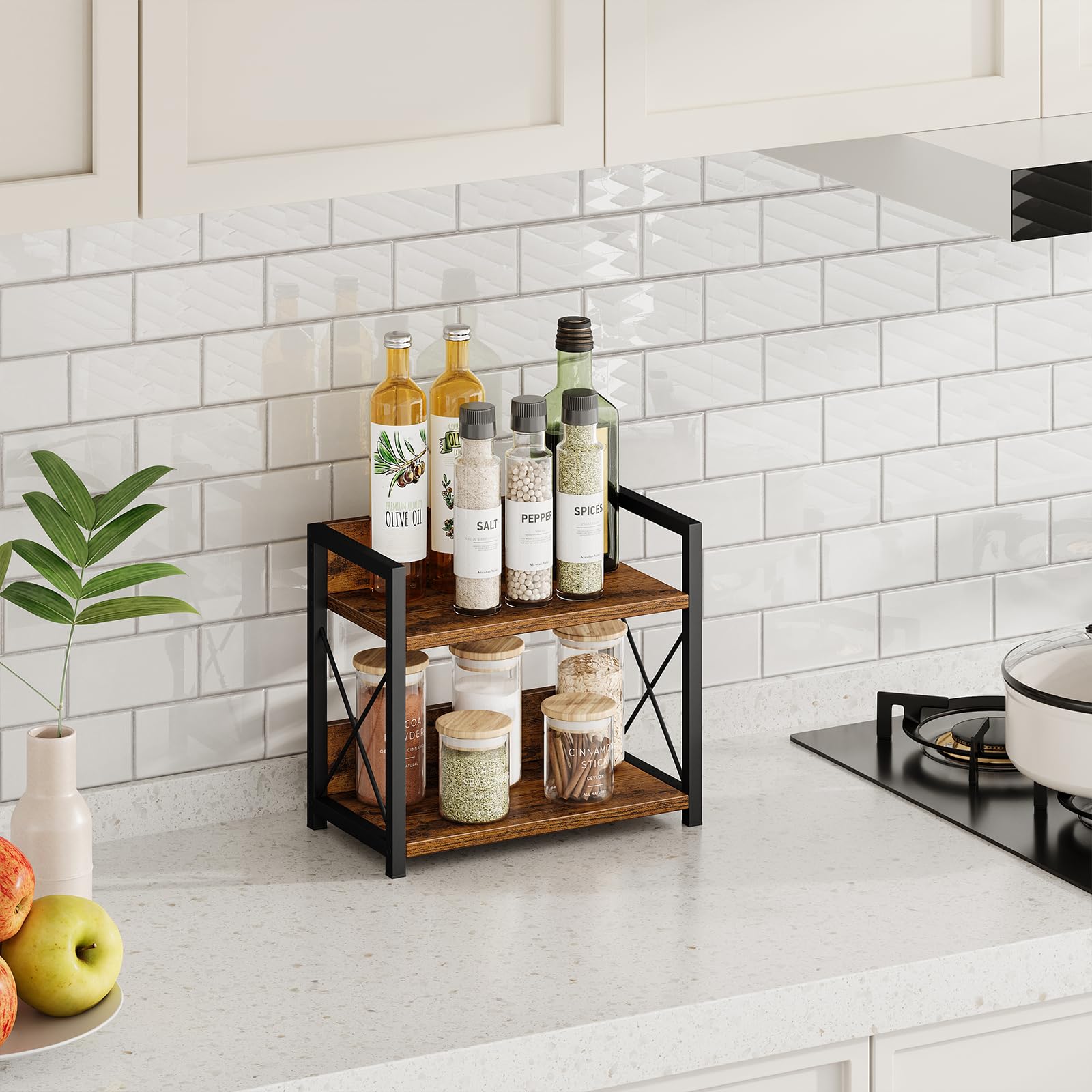 Giikin wood shelves provide sturdy storage for spices and jars.