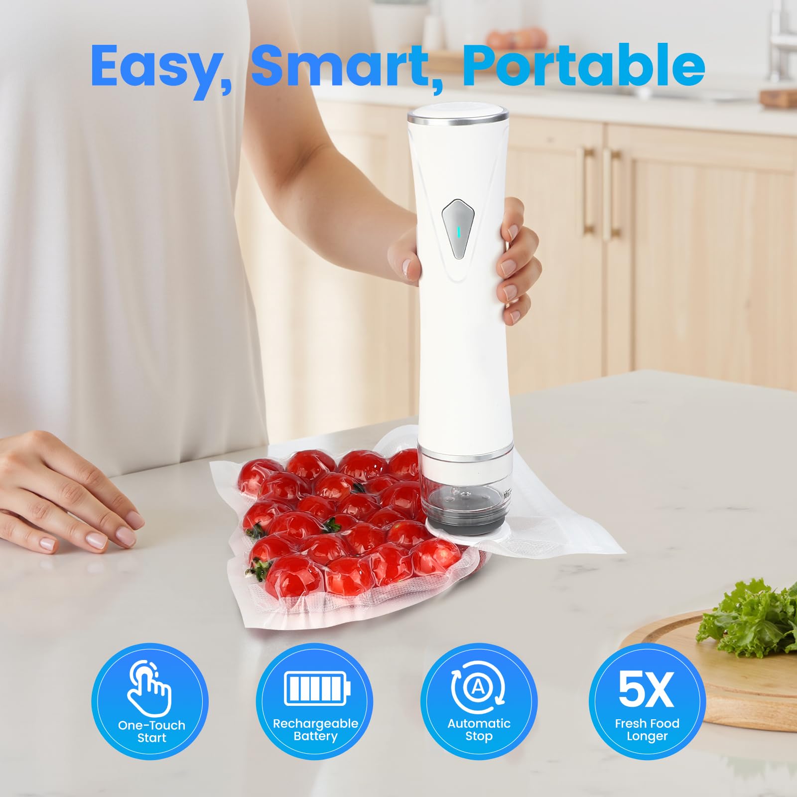 Gikxki vacuum sealer demonstrates one-touch suction for fast sealing.