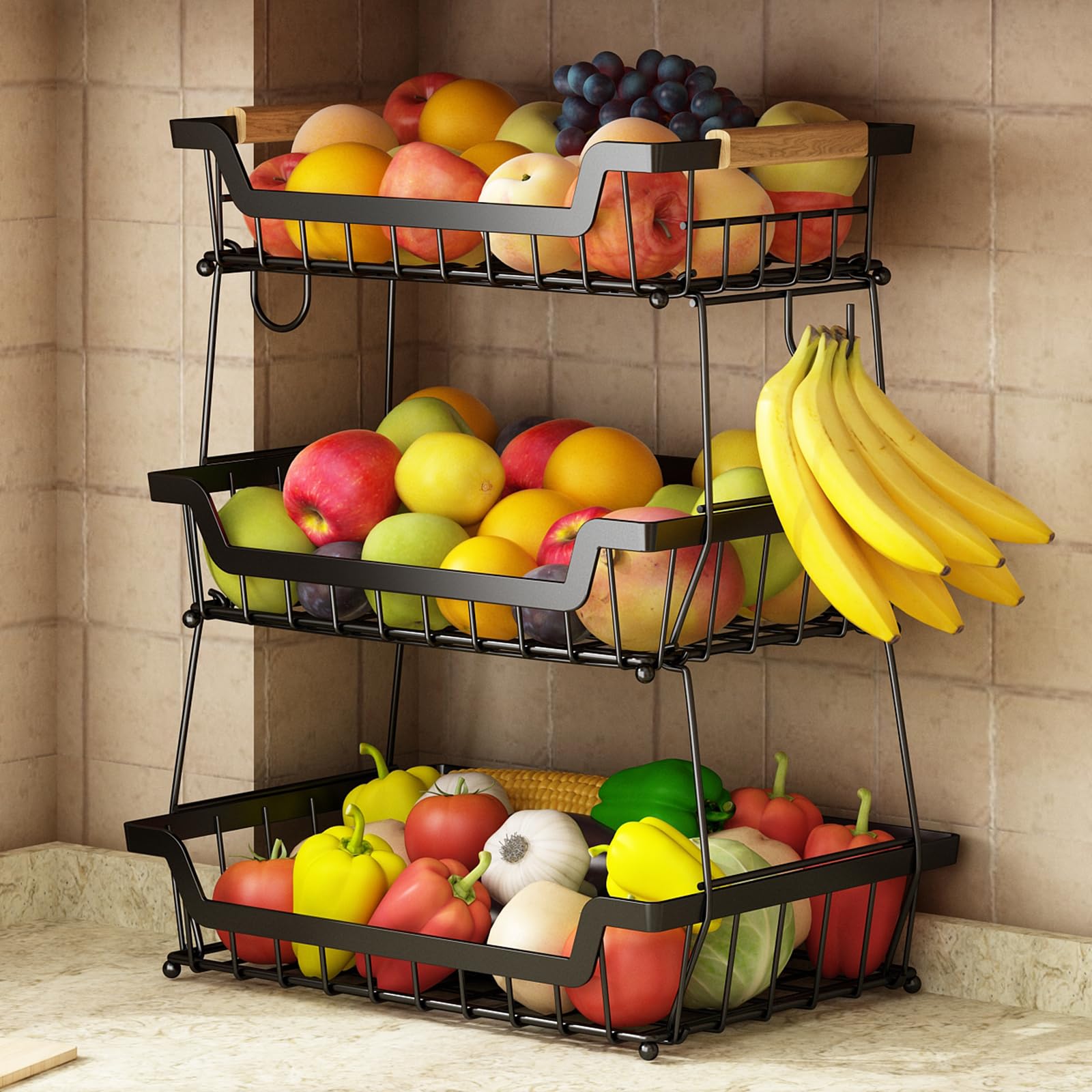 GILLAS 3-Tier Countertop Fruit Basket full view showing ample storage for fruits and vegetables.