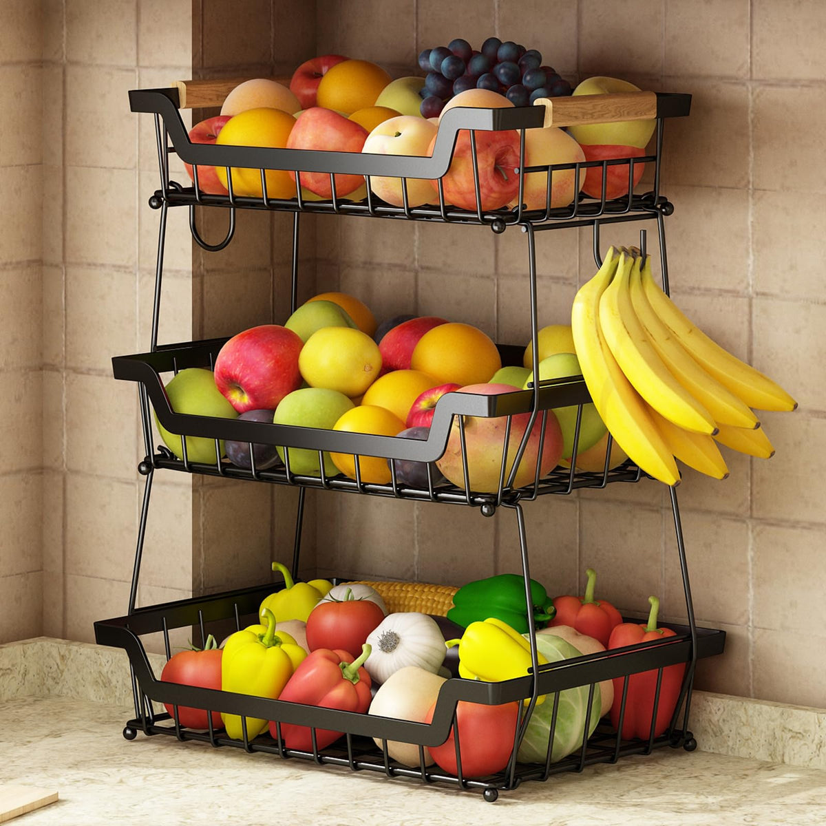 GILLAS 3-Tier Countertop Fruit Basket full view showing ample storage for fruits and vegetables.