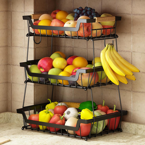 GILLAS 3-Tier Countertop Fruit Basket full view showing ample storage for fruits and vegetables.