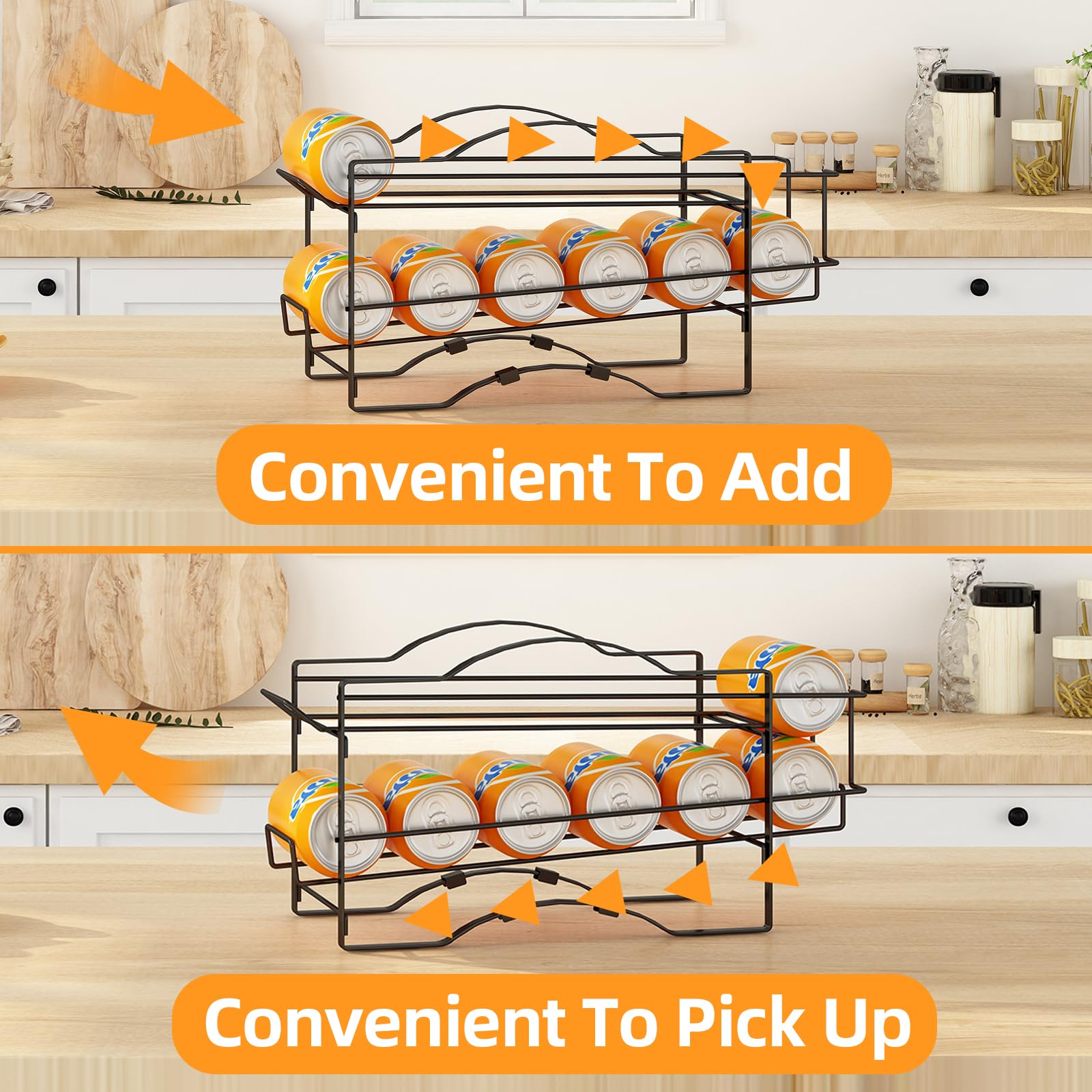 GILLAS black soda can organizer for fridge blends with kitchen decor.