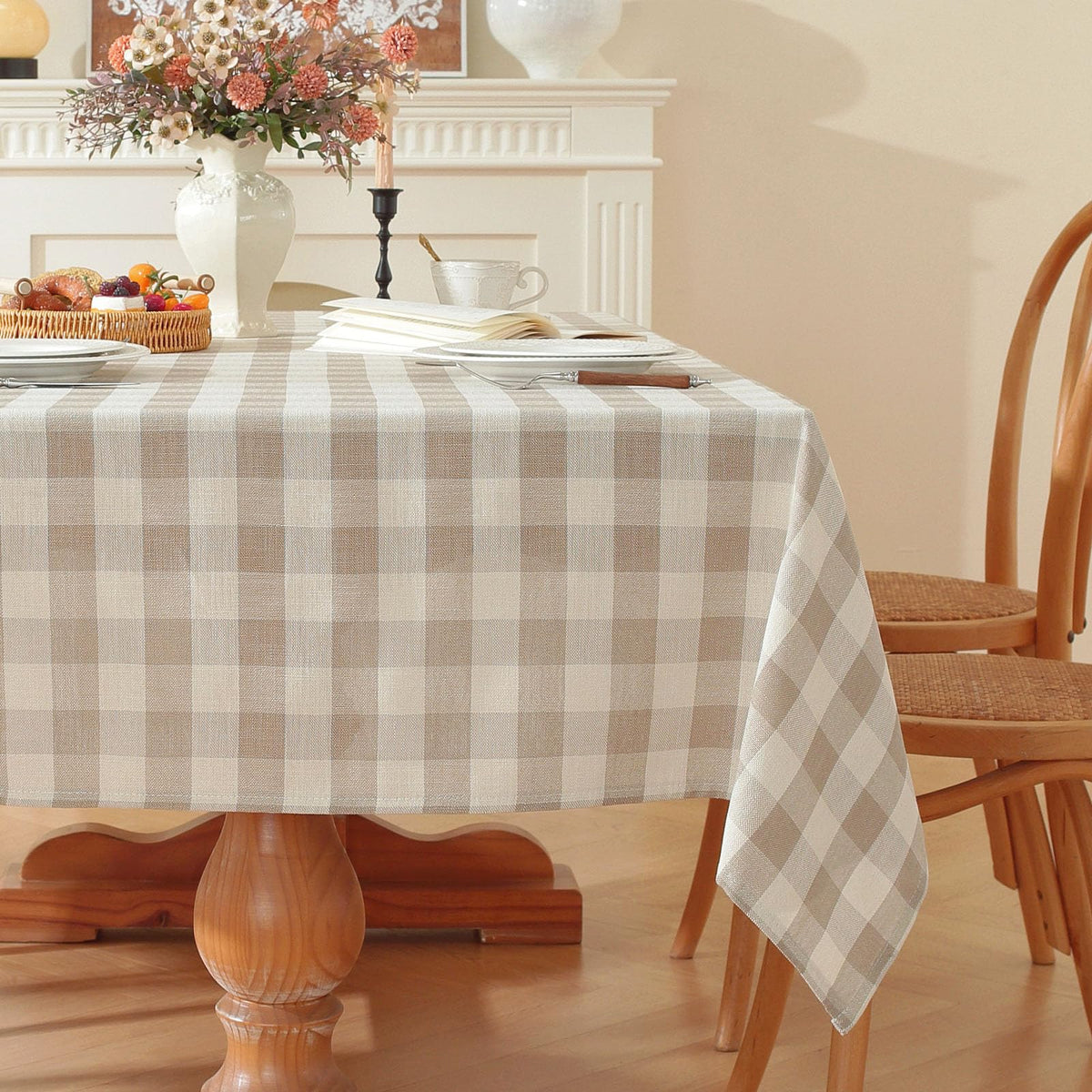 Gillhov checkered tablecloth beige and white on a dining table with soft drape