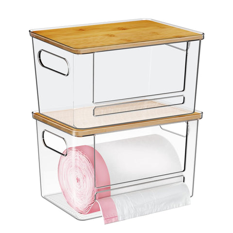 Ginnerella trash bag dispenser with acrylic body for clear visibility and easy access.