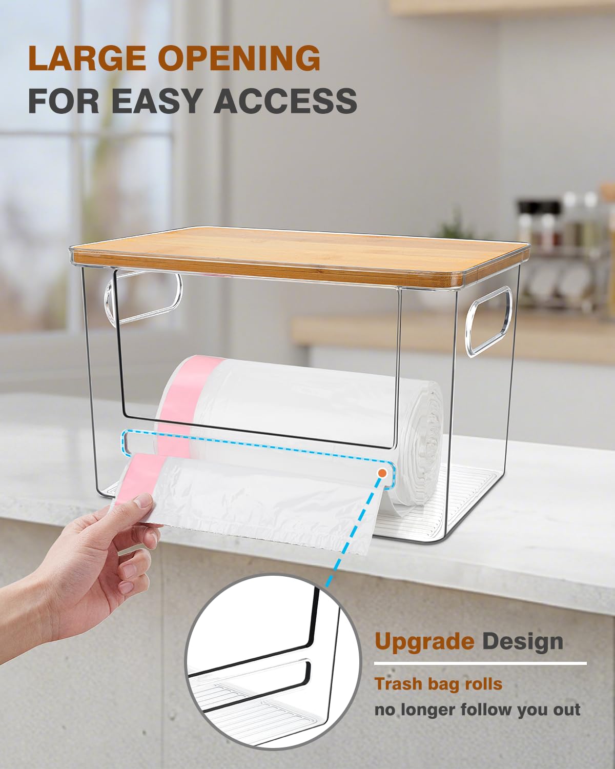 Ginnerella acrylic dispenser side view shows clear visibility for quick bag access.