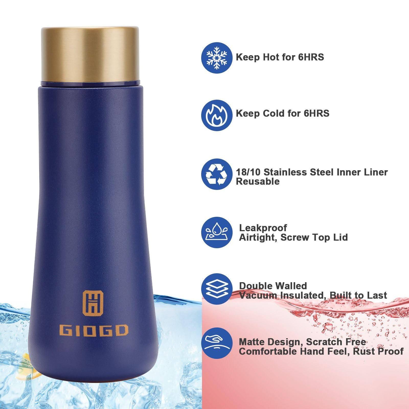 GIOGD double-wall insulated blue bottle keeps beverages warm or cool
