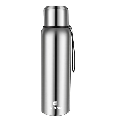 GIOGD insulated bottle 750ml front view in silver; keeps drinks hot or cold for hours.