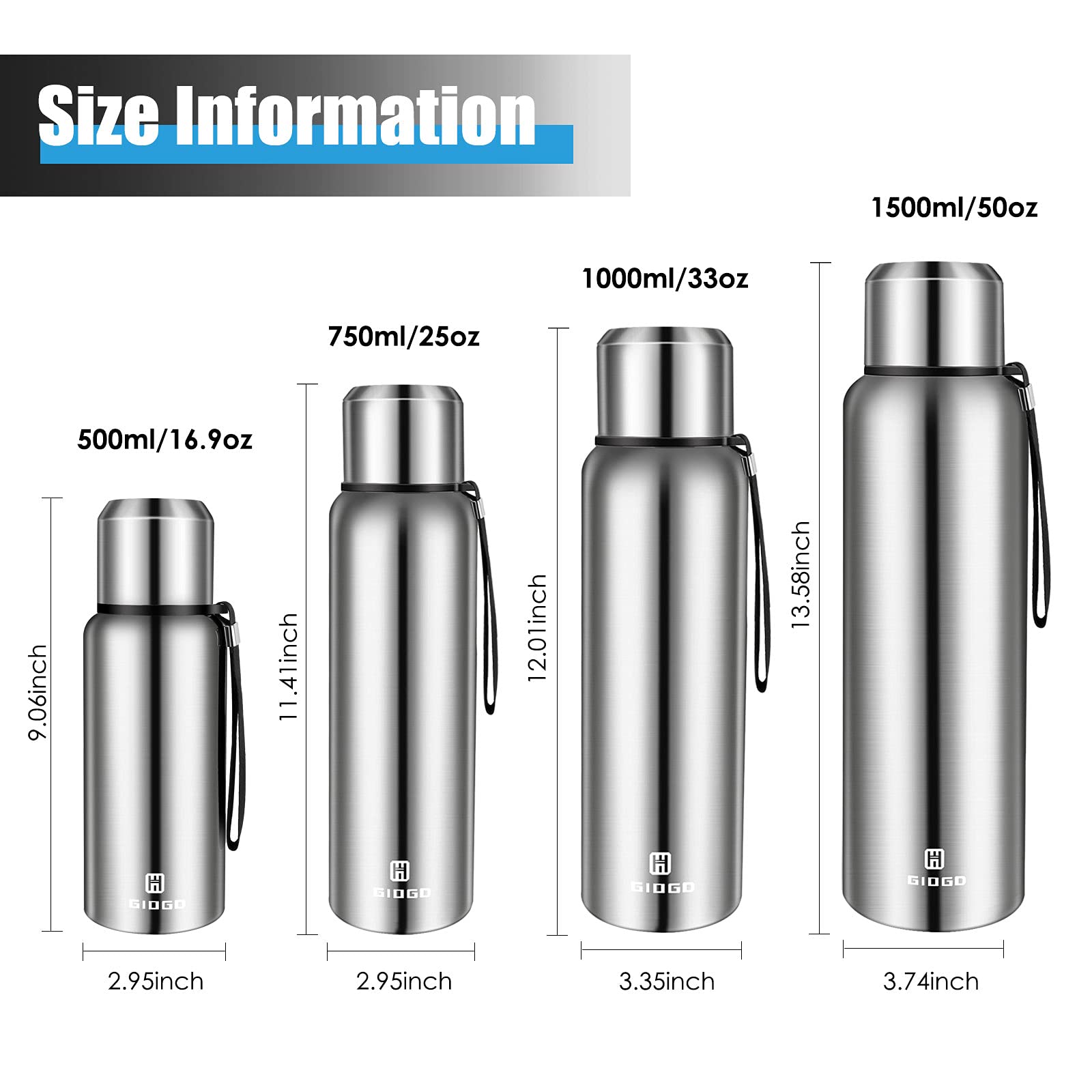 GIOGD insulated bottle 750ml side view in silver; durable stainless steel for everyday hydration.