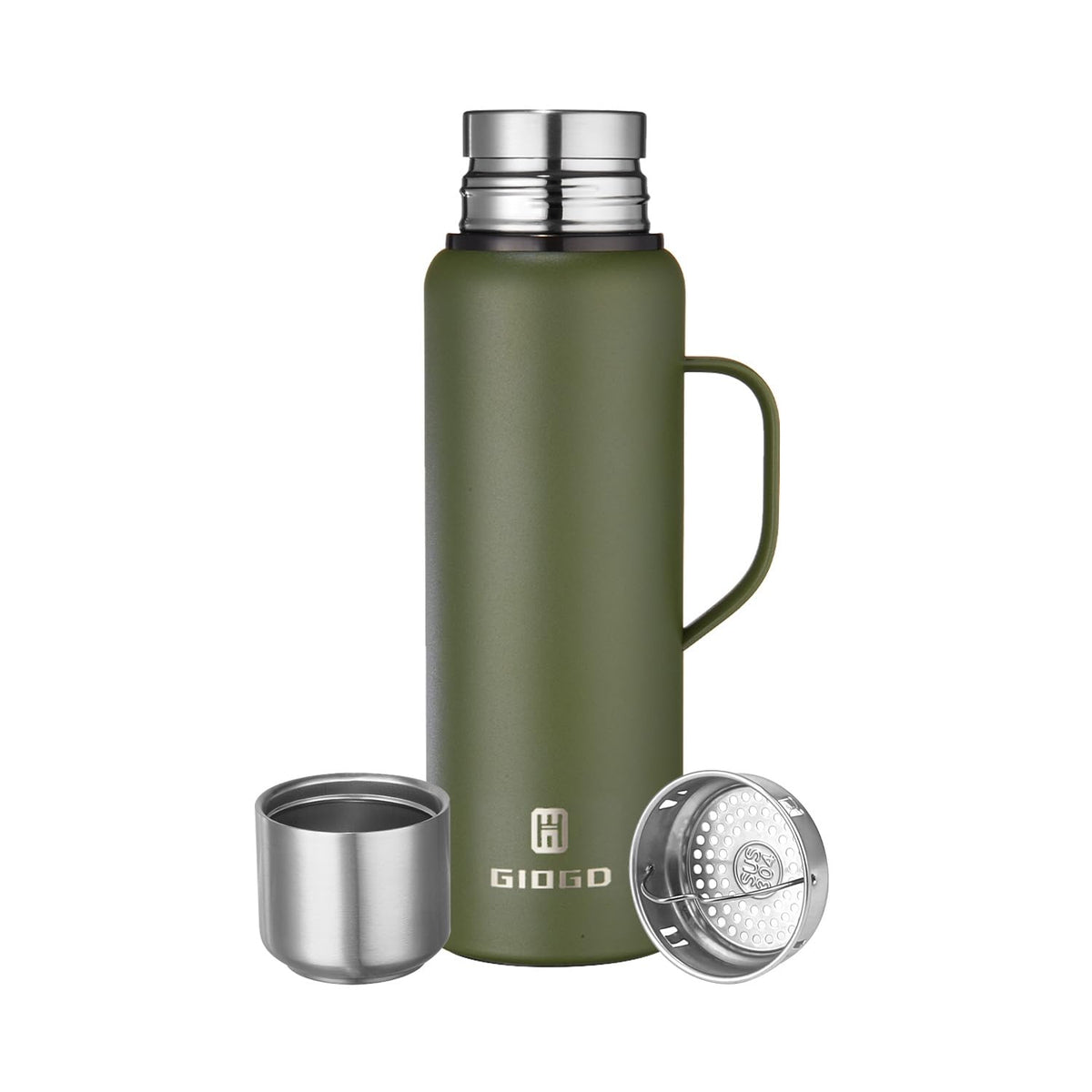 GIOGD insulated stainless bottle, green with handle, 1000ml, keeps drinks hot or cold.