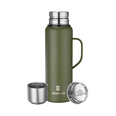 GIOGD insulated stainless bottle, green with handle, 1000ml, keeps drinks hot or cold.