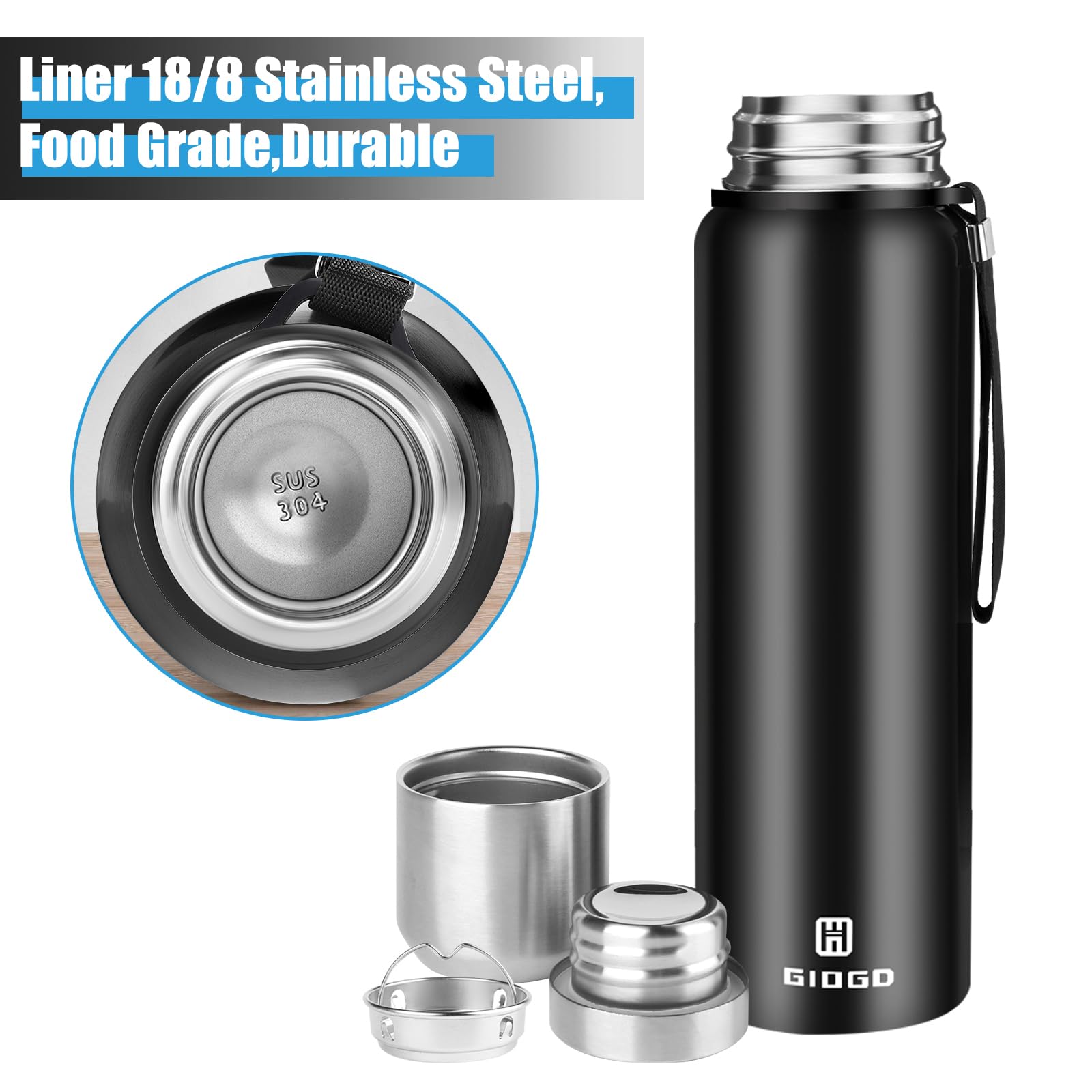 Leak-proof screw-top lid on GIOGD thermo bottle prevents spills