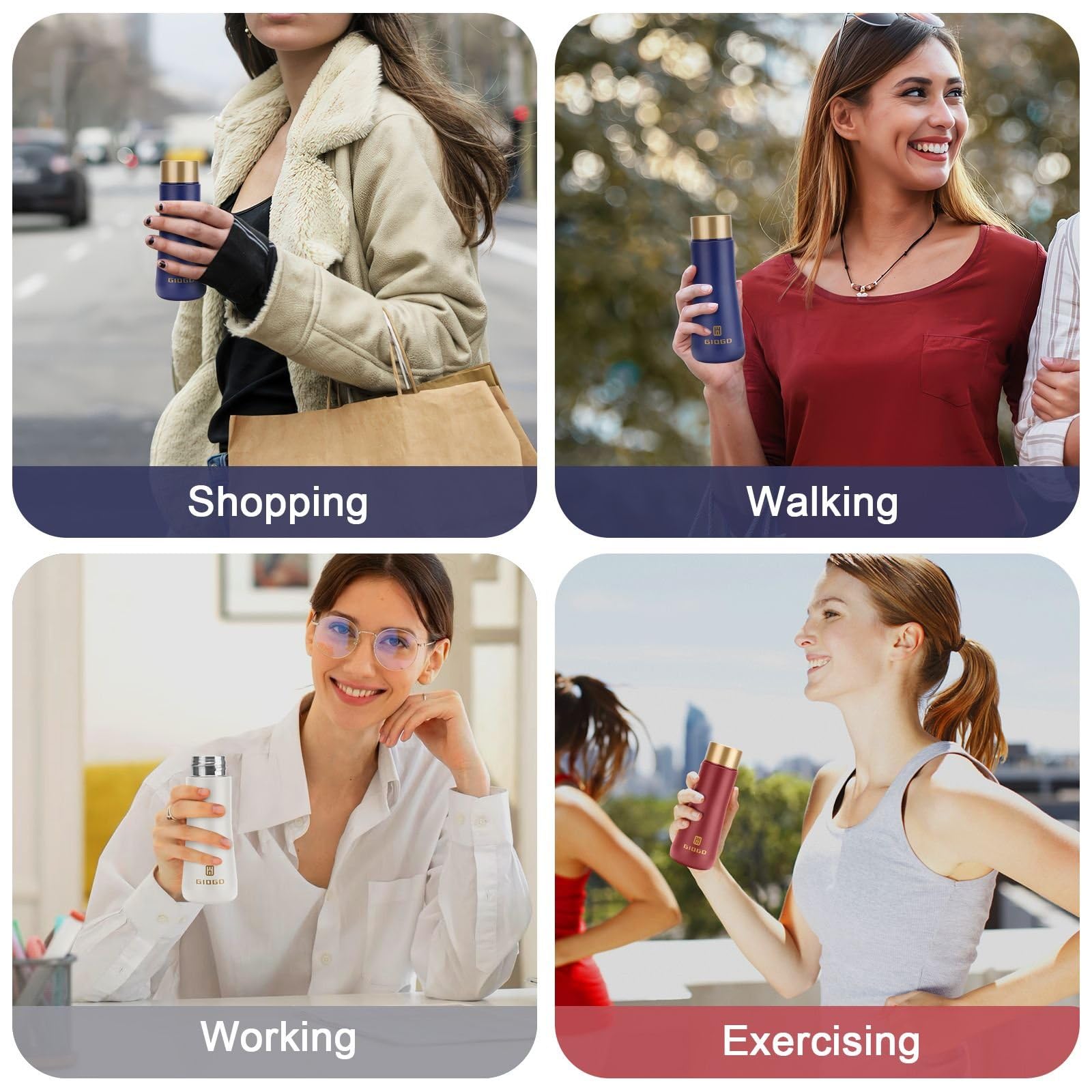 GIOGD portable blue bottle fits into purses for on-the-go hydration