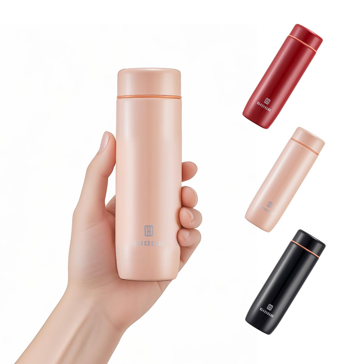 GIOGD small thermo bottle in pink color keeps drinks warm or cold on the go.