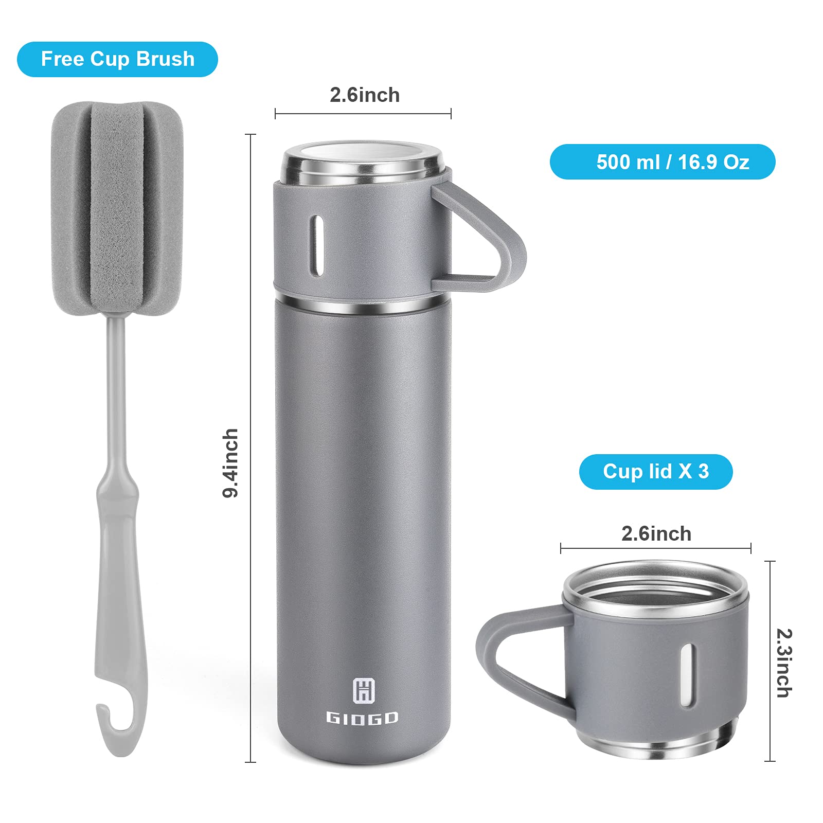 GIOGD bottle body in gray highlights durable stainless steel and BPA-free safety.