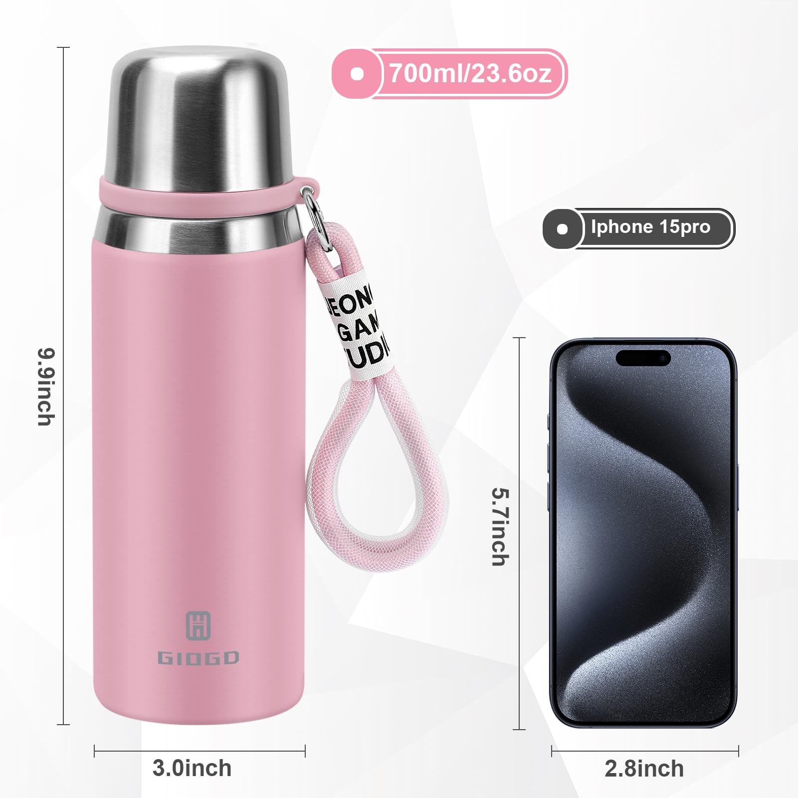 GIOGD stainless steel bottle with wide mouth for easy pouring and cleaning.