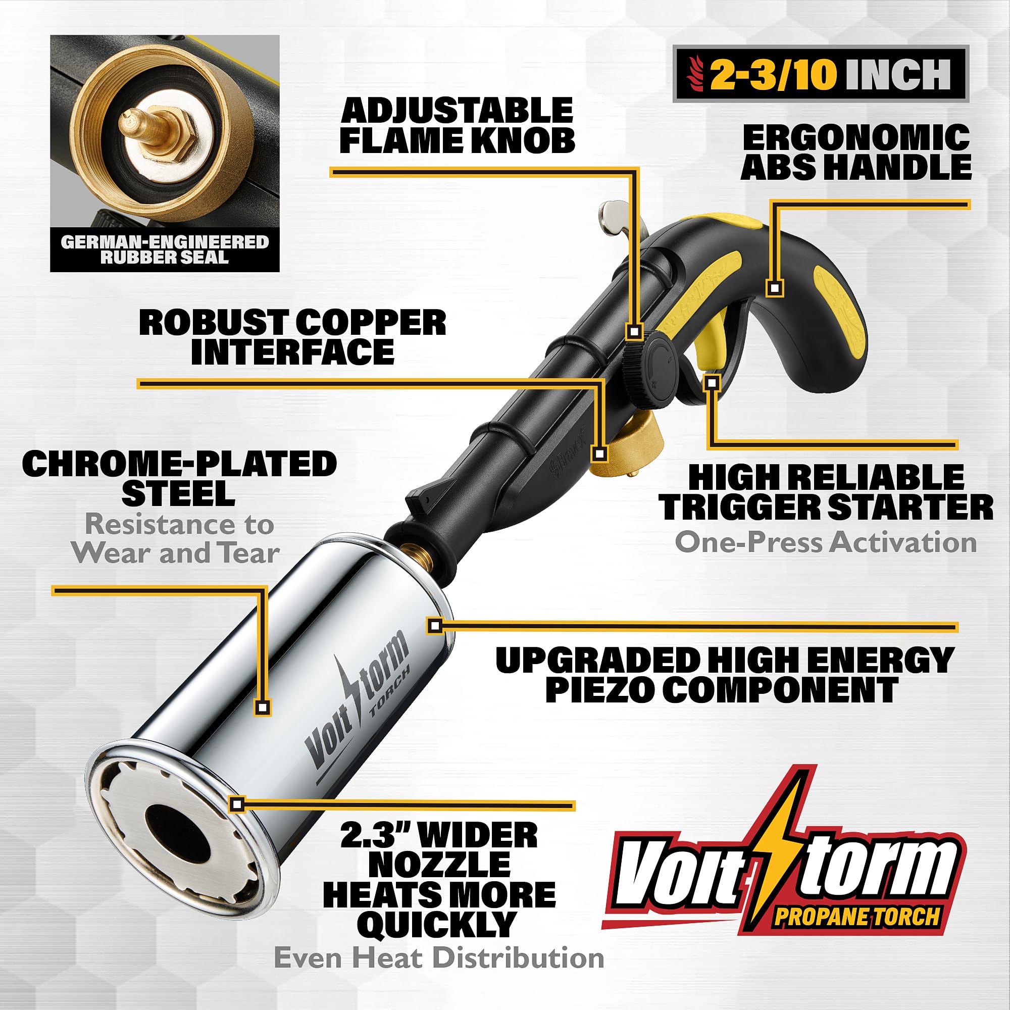 Gioventù Cooking Torch compatible with propane, butane, MAPP, MAP-Pro for versatility.