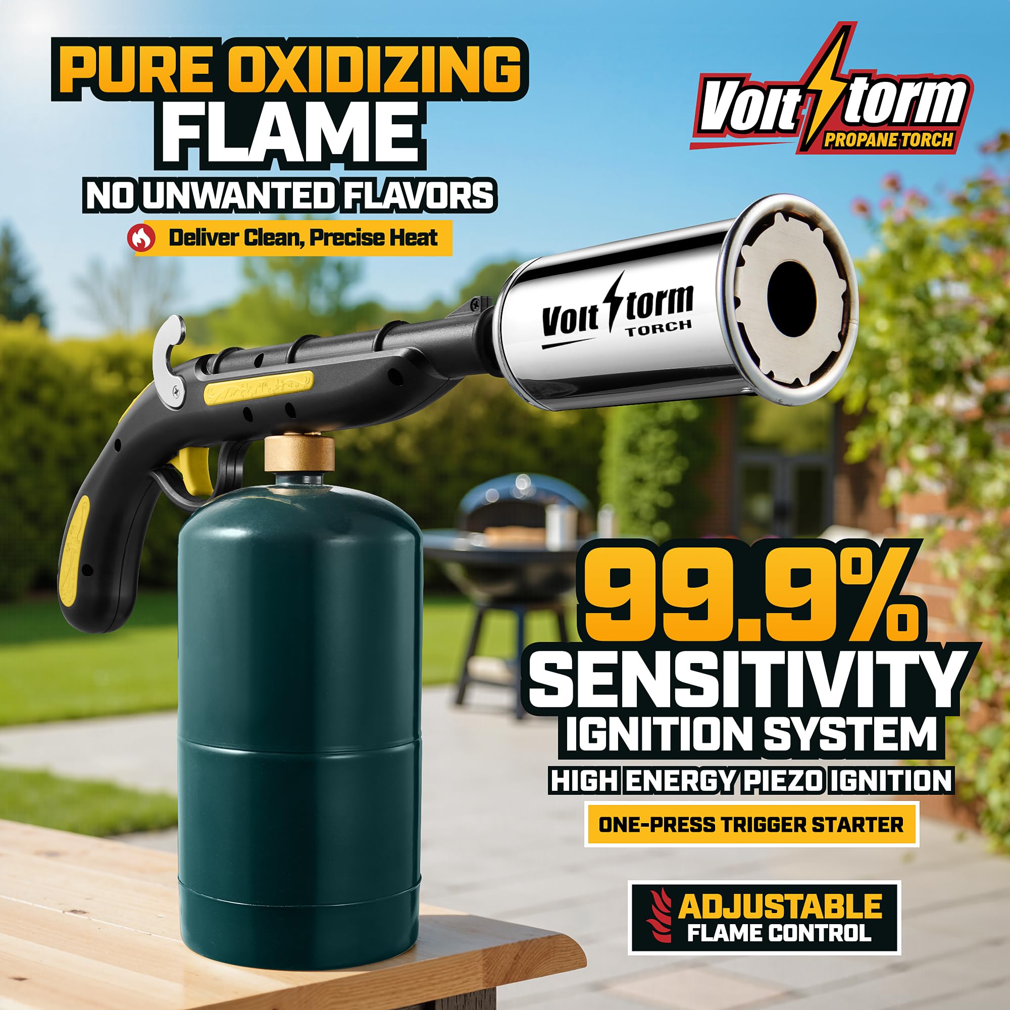 Gioventù Cooking Torch nozzle heat concentrates intense flame for fast searing.