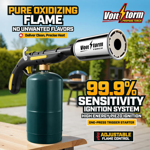 Gioventù Cooking Torch nozzle heat concentrates intense flame for fast searing.