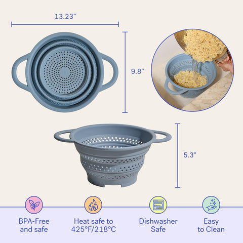 GIR Collapsible Colander rinsing pasta with high-efficiency drain holes.
