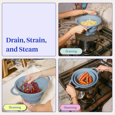 GIR Collapsible Colander with stainless steel rim provides durable draining.