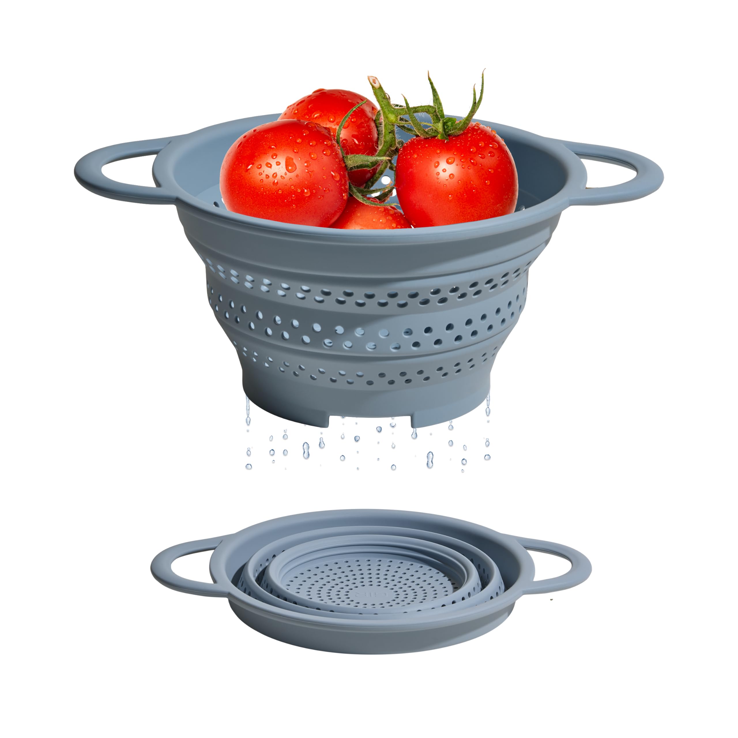 GIR Collapsible Colander collapsed for ultra-slim storage in small kitchens.