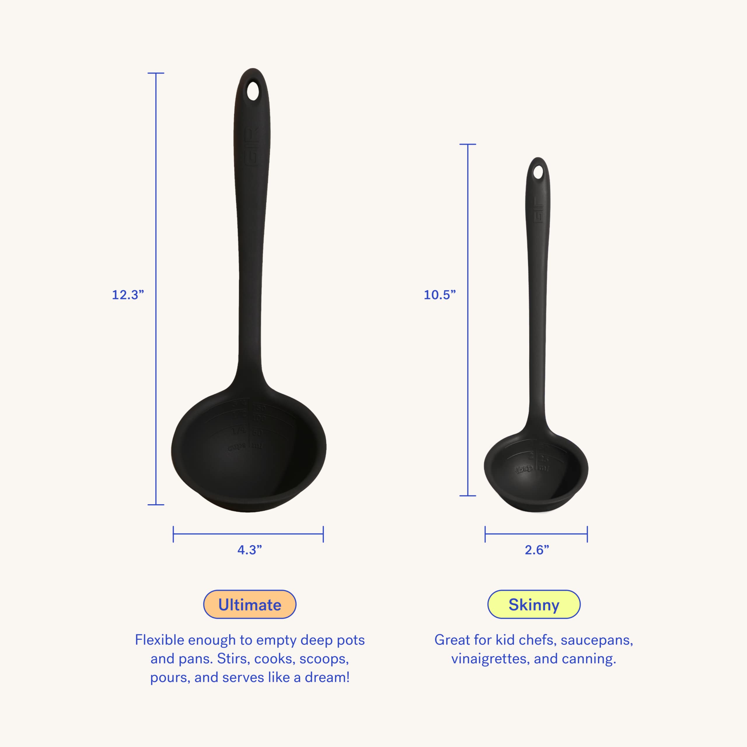 GIR ladle with ergonomic 45-degree handle for comfortable scooping during cooking