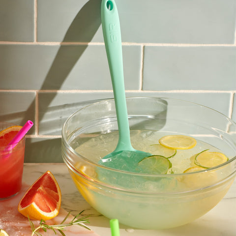 GIR ladle shown safe for non-stick cookware with soft silicone bowl