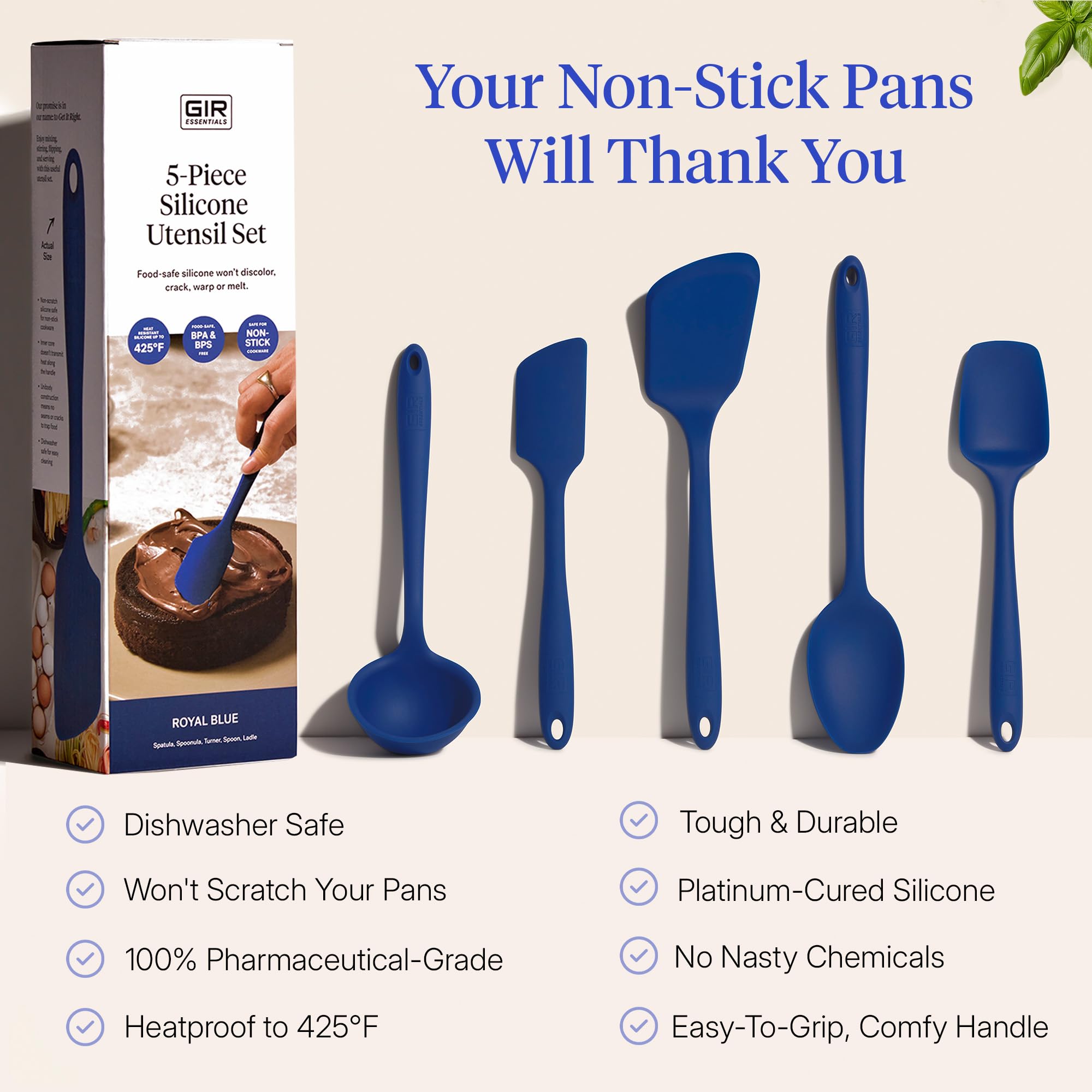 GIR Get It Right silicone utensils on non-stick surface, scratch-free performance.