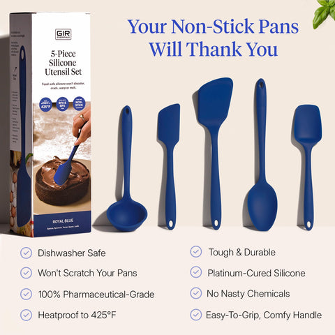 GIR Get It Right silicone utensils on non-stick surface, scratch-free performance.