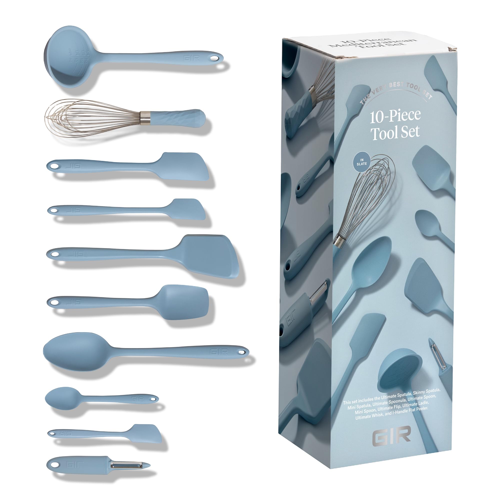 GIR slate silicone utensils heat resistant up to 425°F for safe stirring.
