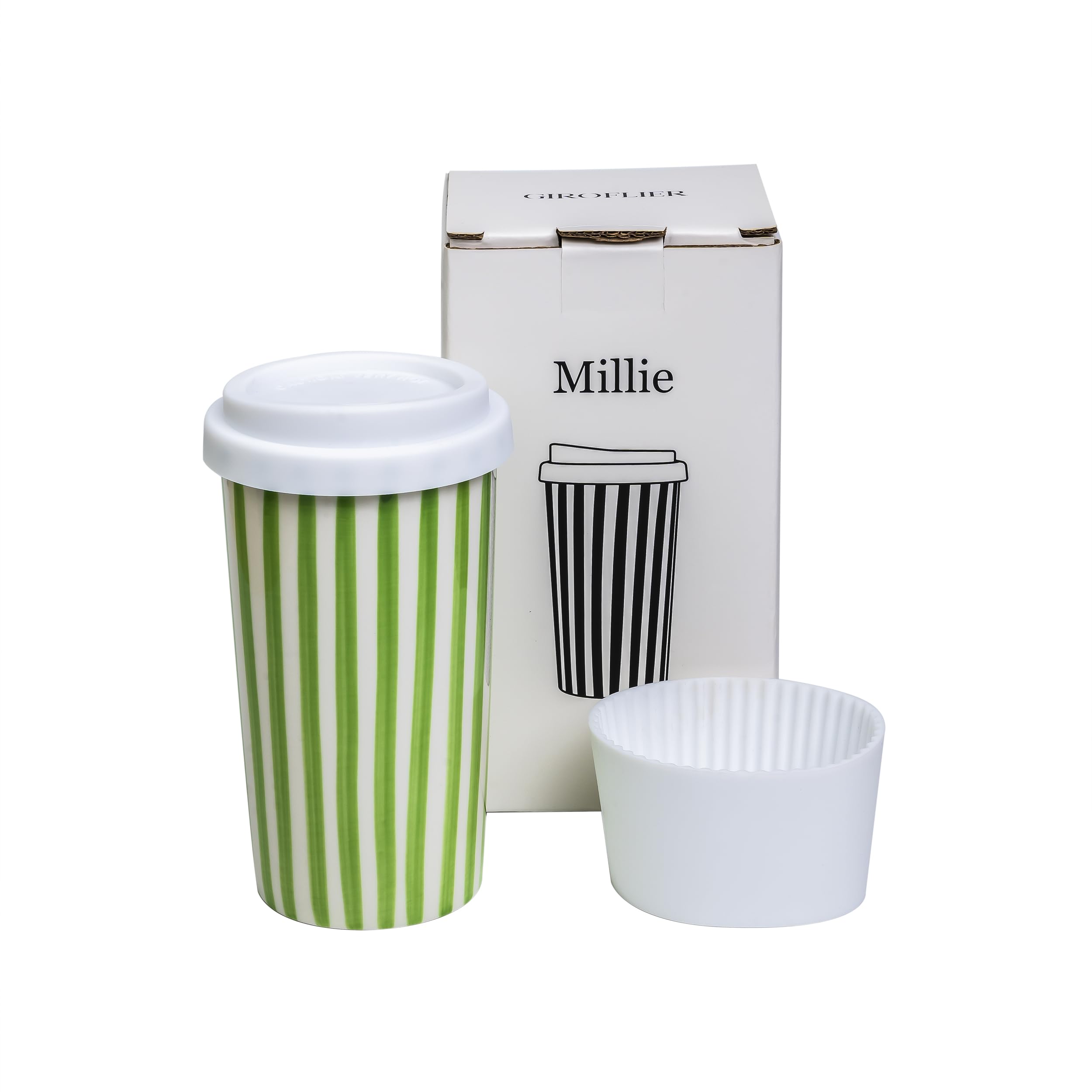 GIROFLIER Millie 12oz ceramic travel mug with lid for spill-free on-the-go coffee.