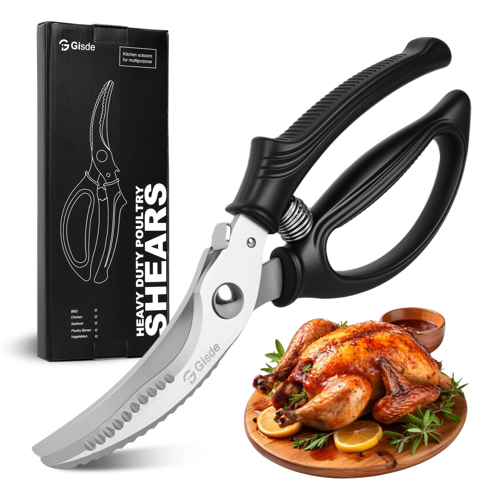 Gisde heavy-duty poultry shears blade close-up for precise cutting.