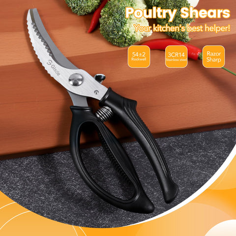 Gisde poultry shears shown in dishwasher-safe design for easy cleanup.