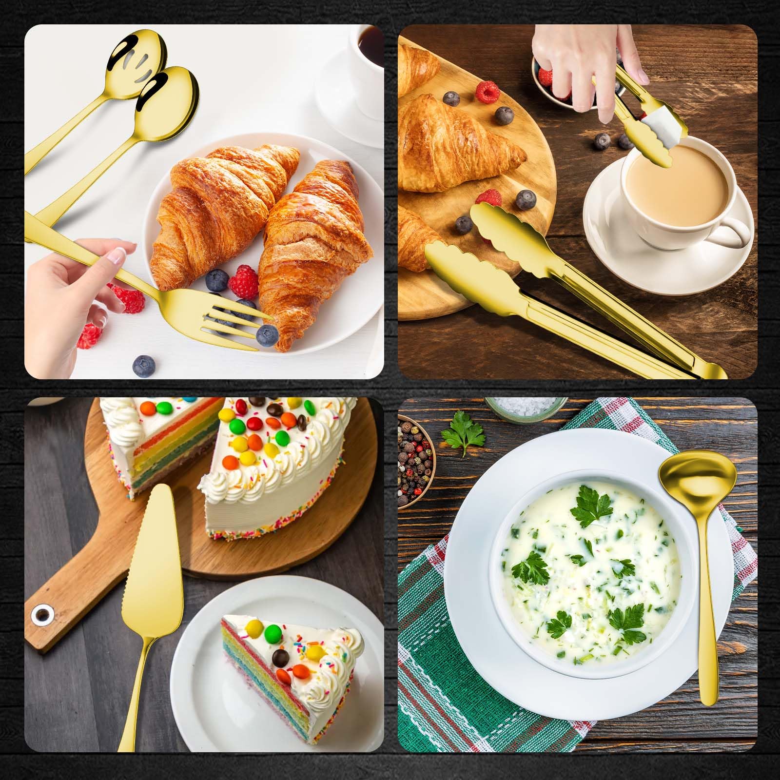 Gisly Gold serving tongs offer precise grip for easy portioning.