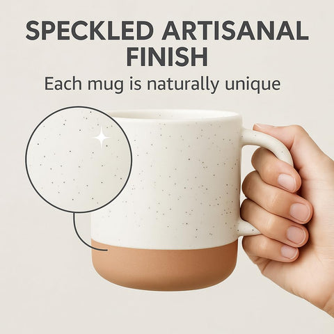 Givenne mug close-up emphasizes white speckle glaze and finish