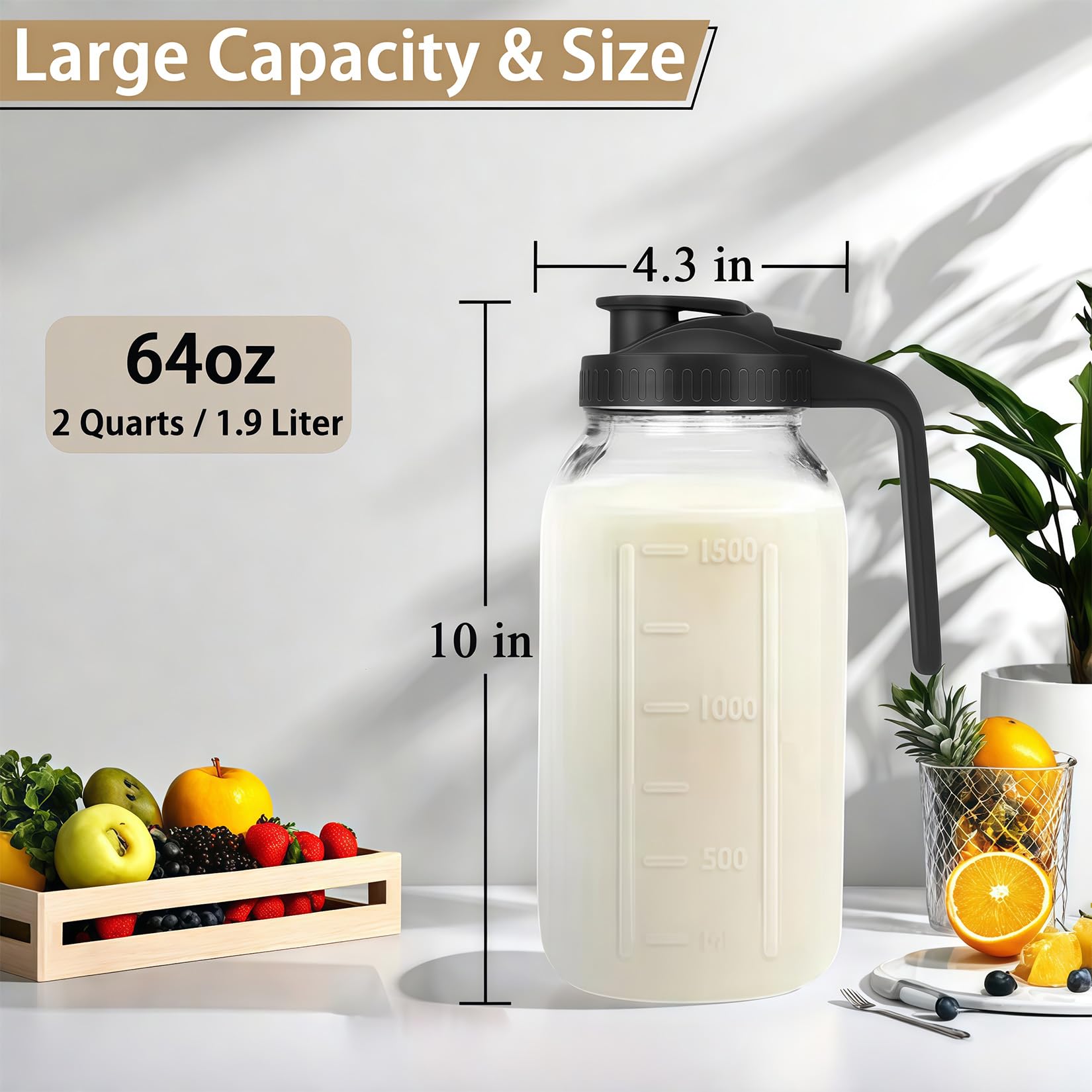 Glabotoil glass pitcher wide mouth eases cleaning and refilling.