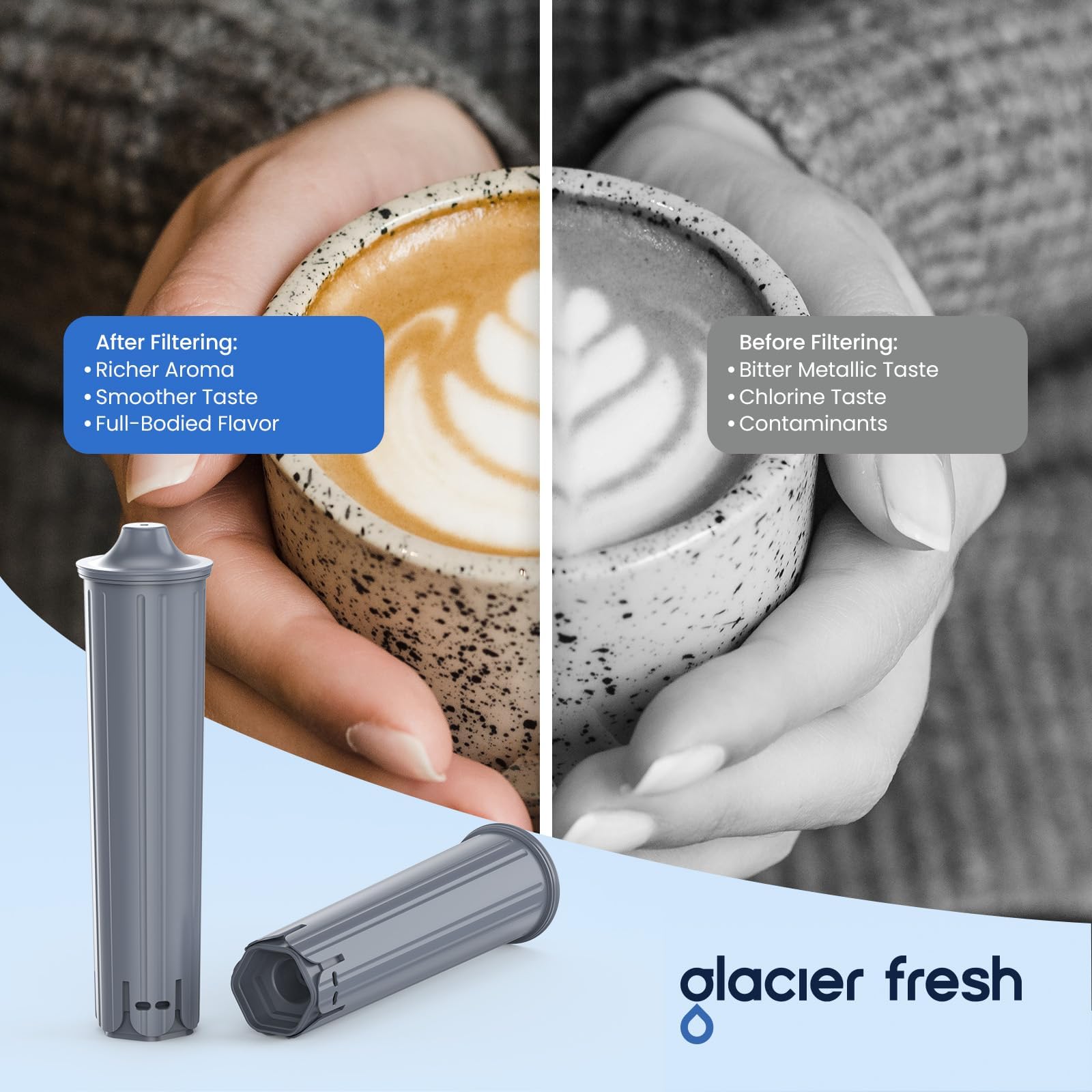 GLACIER FRESH replacement-cycle guide shows two-month or 65-liter schedule.