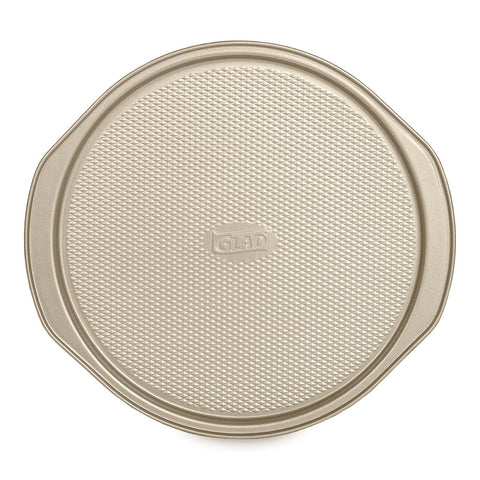Glad pizza pan oven safe up to 460°F showing round baking surface for crisp crusts