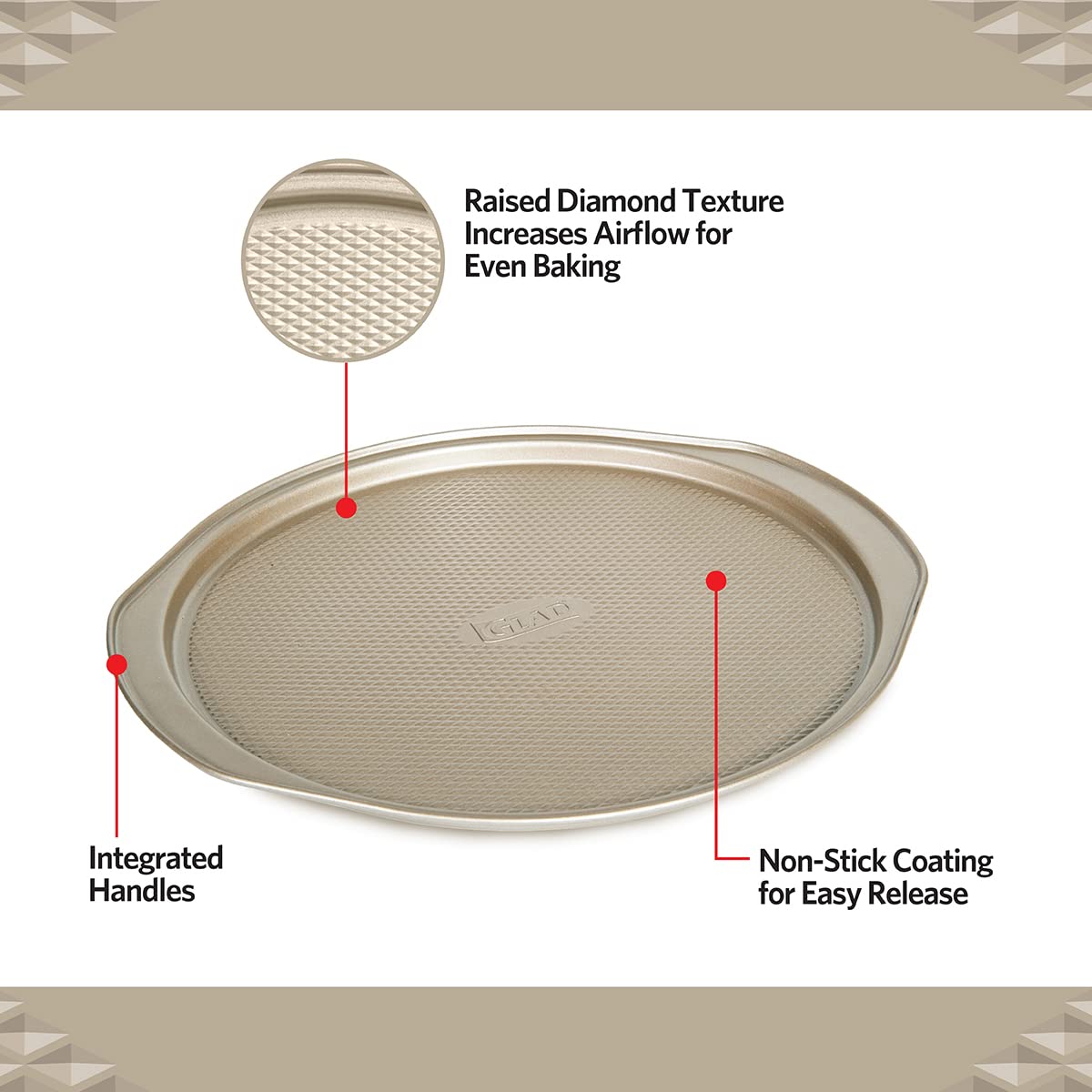 Glad pizza pan raised diamond texture promoting even baking across the crust