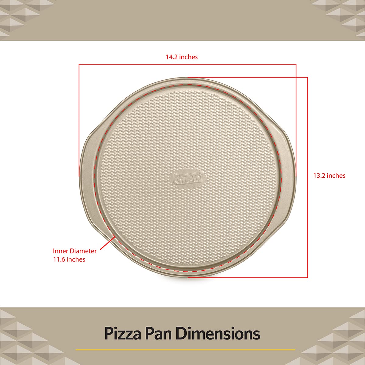Glad pizza pan with wide edge handles for secure grip while transferring