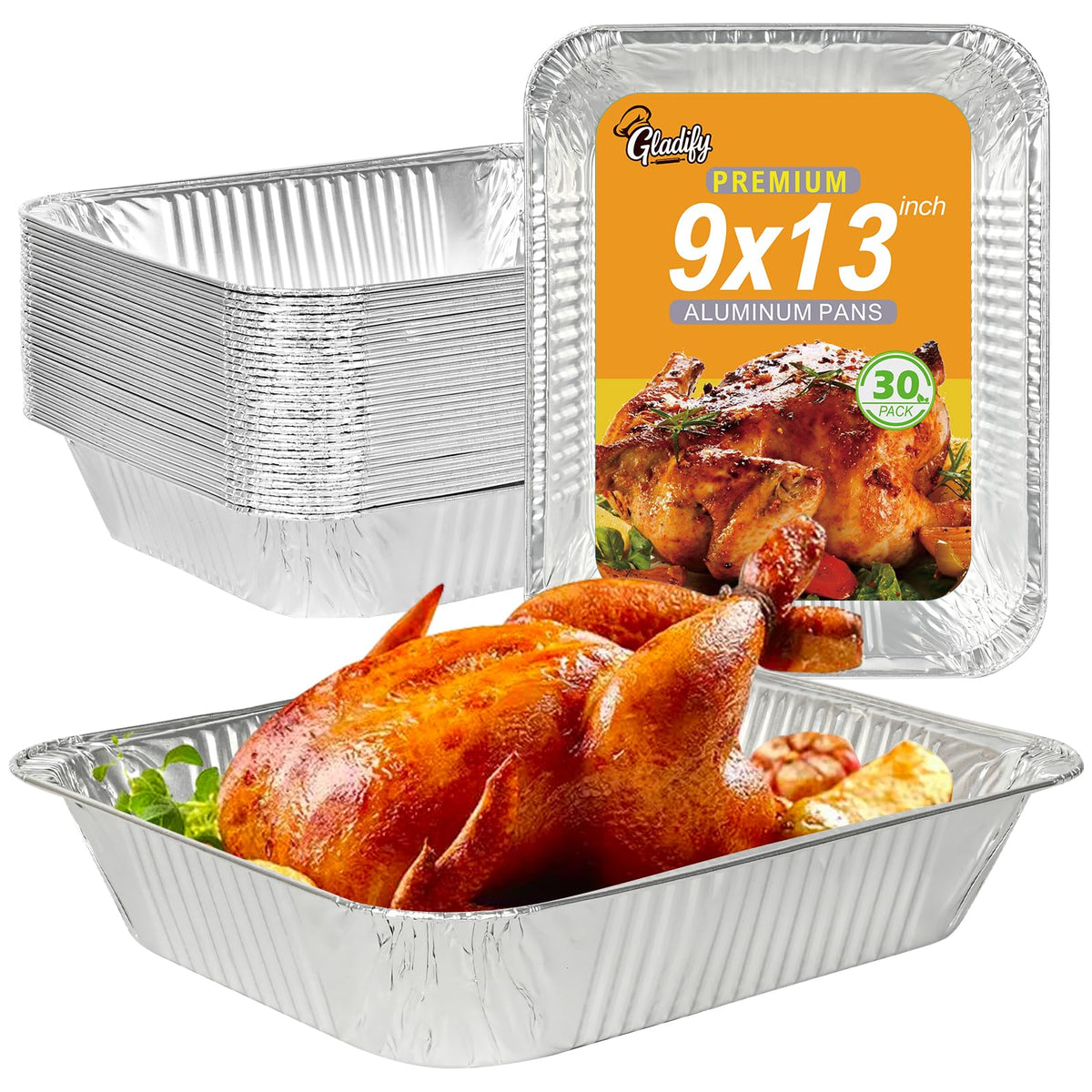 Gladify 30-pack pans packaging showing bulk quantity for catering and home use.