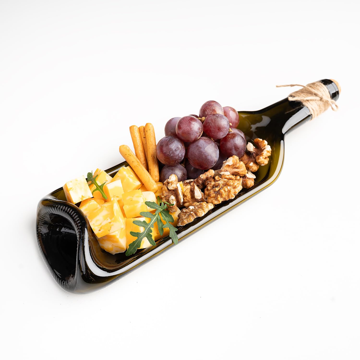 Glasiko World melted wine bottle tray top view, ideal for presenting stylish appetizers.