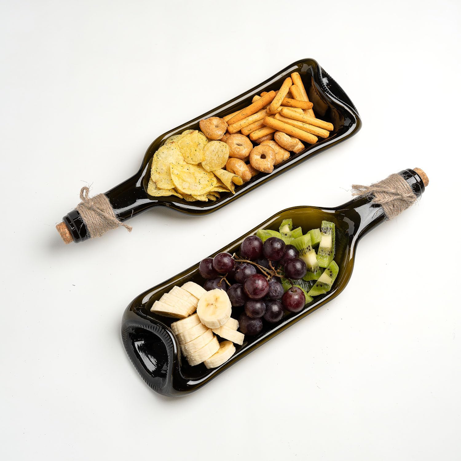 Glasiko World melted wine bottle tray on table for stylish appetizer service