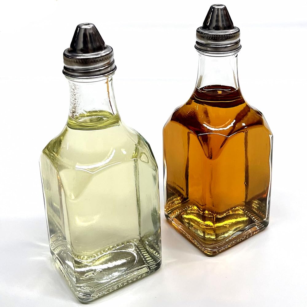 Glass Oil and Vinegar Dispenser Set with square bottles shows clear contents