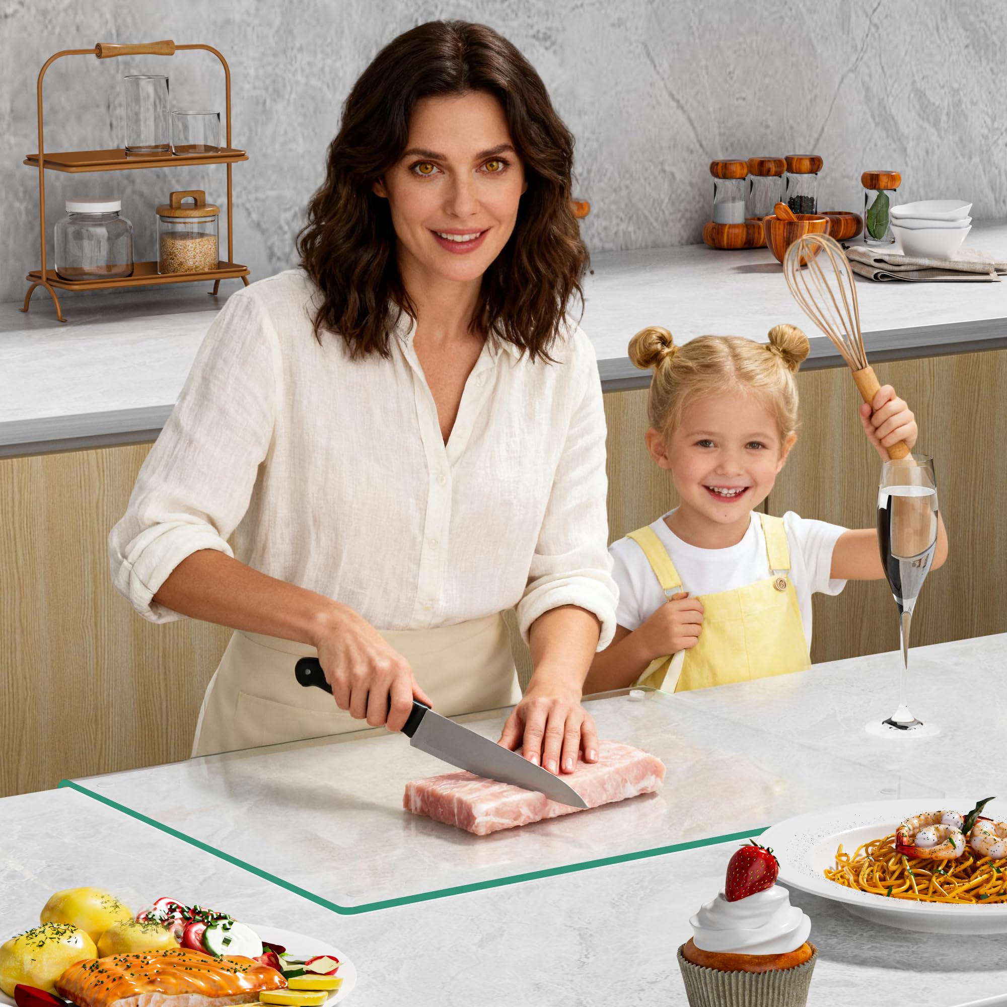 GlassCuisine curved cutting board with drainage channel keeps juices away from ingredients.