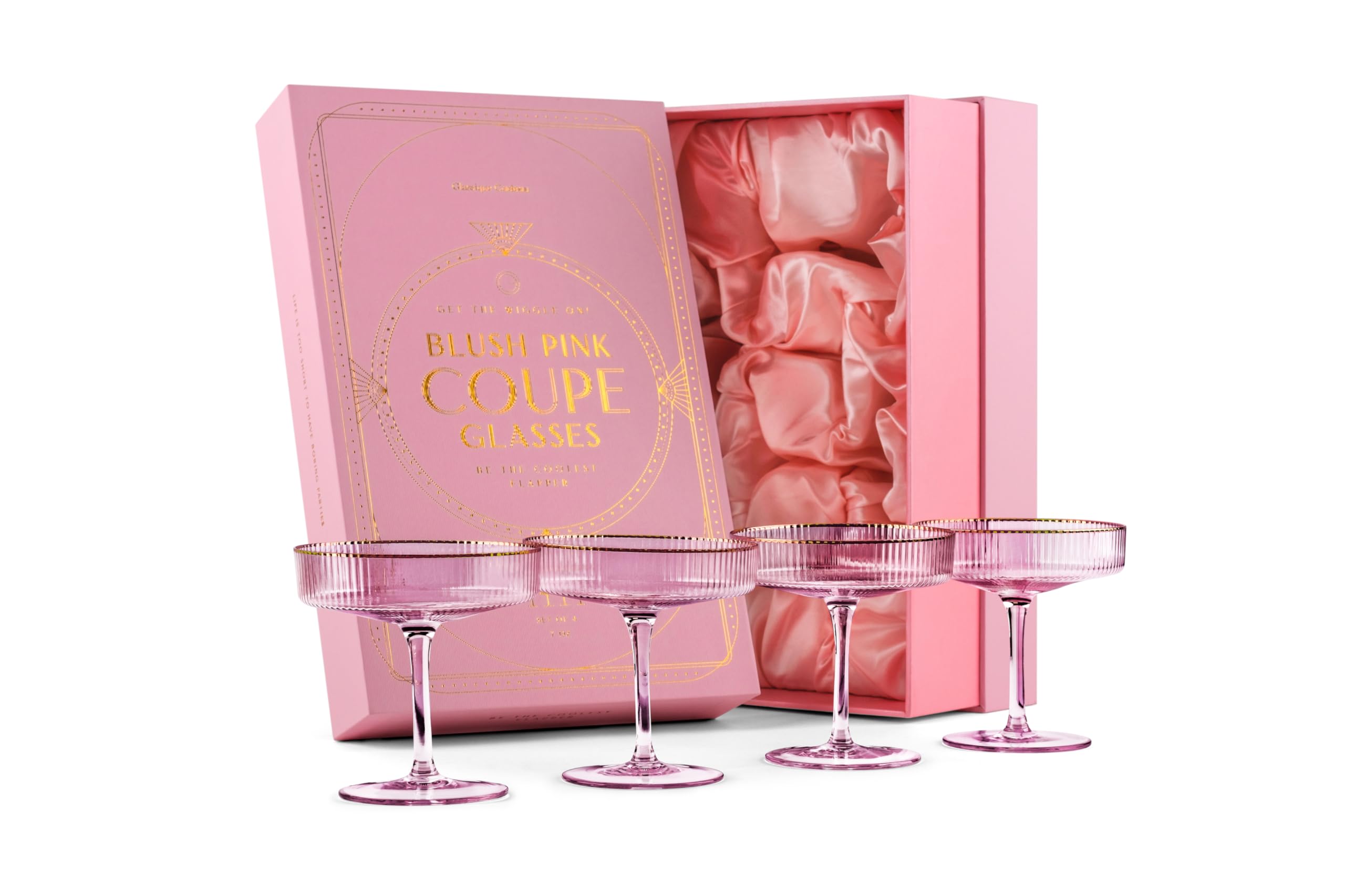 GLASSIQUE CADEAU gift-ready box and four blush pink coupe glasses.
