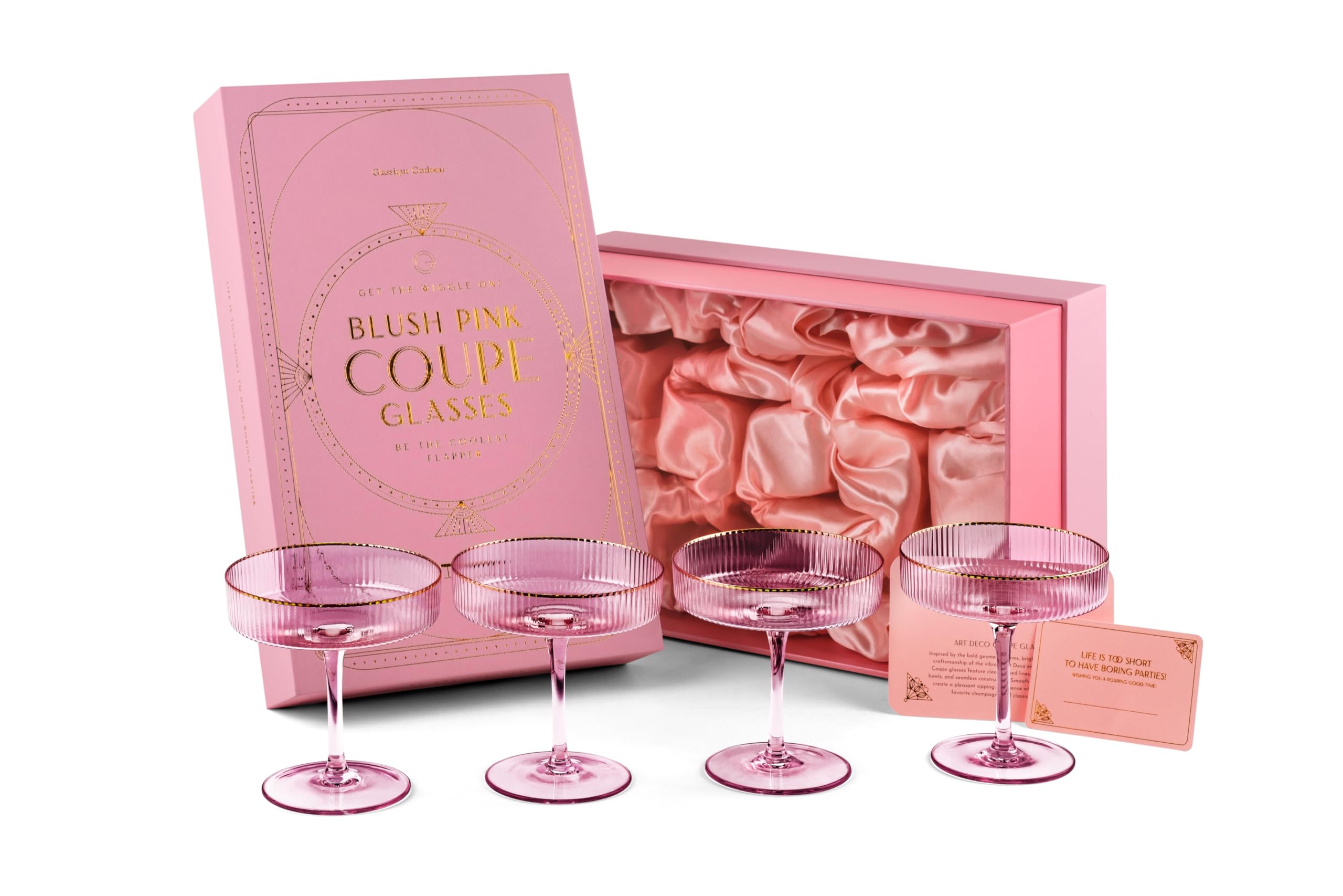 GLASSIQUE CADEAU set of 4 grill-ready gift box for pink coupe glasses.