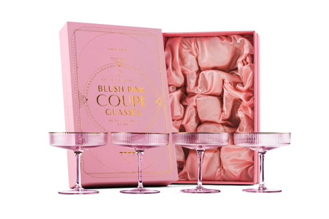 GLASSIQUE CADEAU vintage blush pink coupe glasses with gold rims, ideal for champagne celebrations.