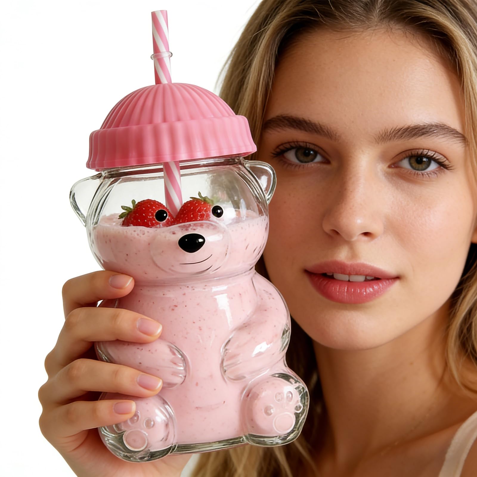Glass Bear Cup supports on-the-go drinking with a secure lid and portable design.