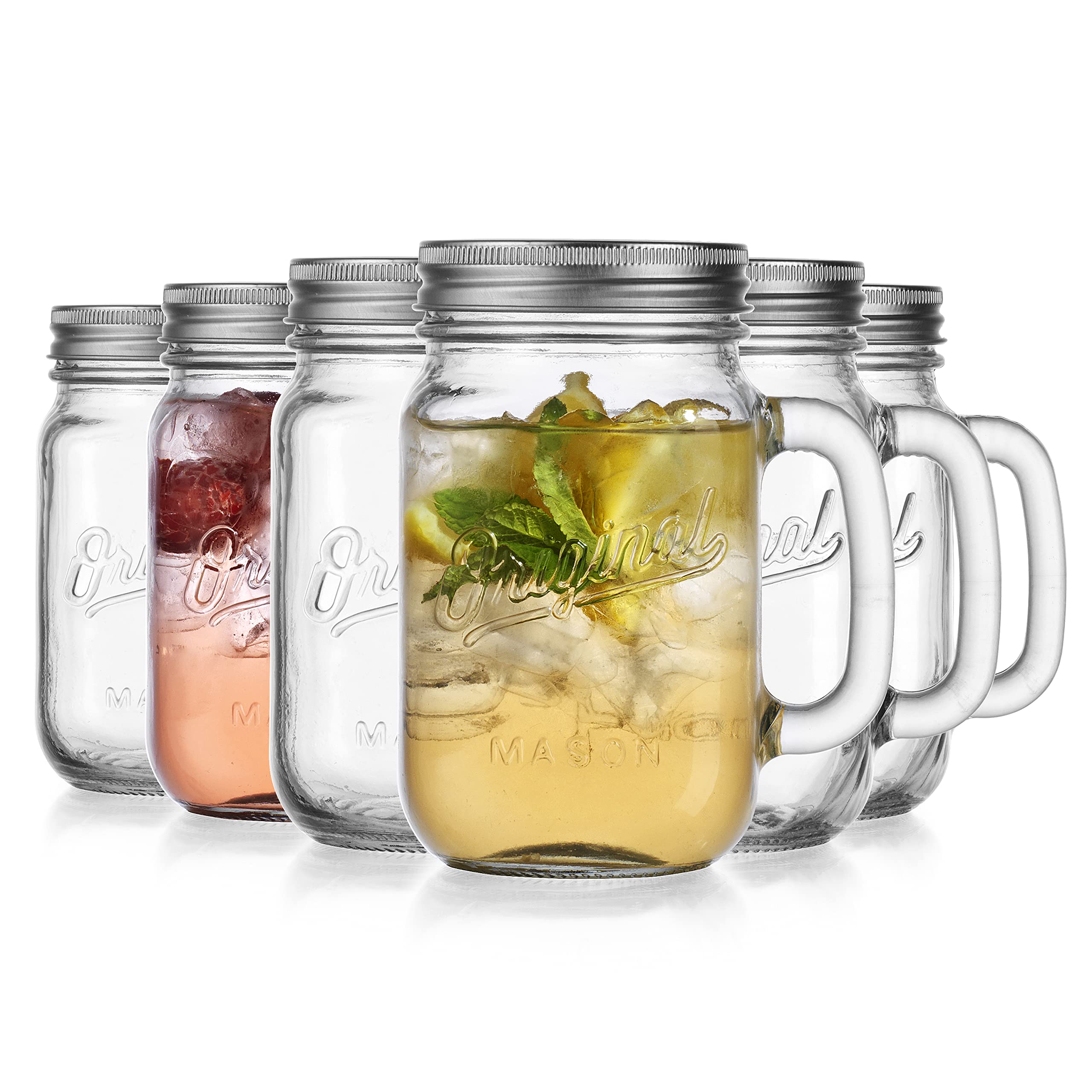 Glaver's 16oz clear mason jar shows fruit infusion beauty, great for lemonade or tea.